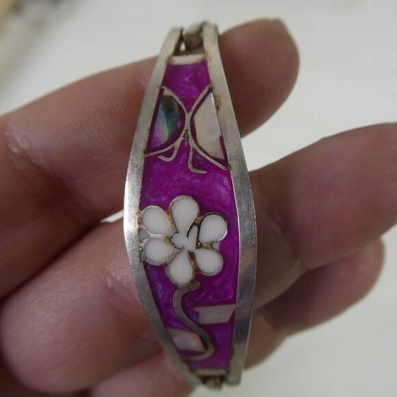 Silver Tone Floral Cloisonne Enamel Mother of Pearl Hinged Bangle Bracelet - Picture 6 of 9